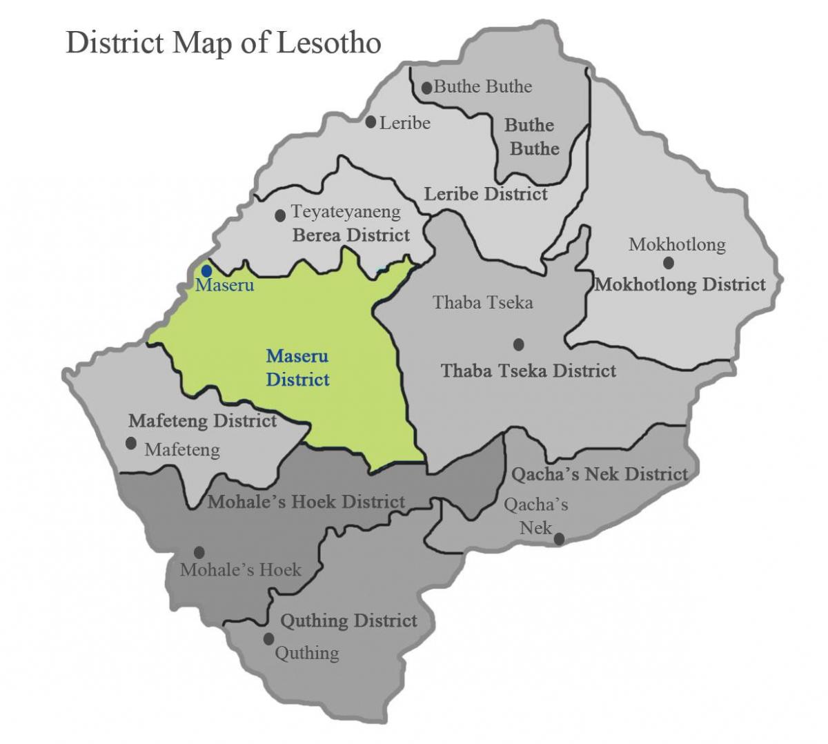 mapa Lesotho pokazując dzielnic